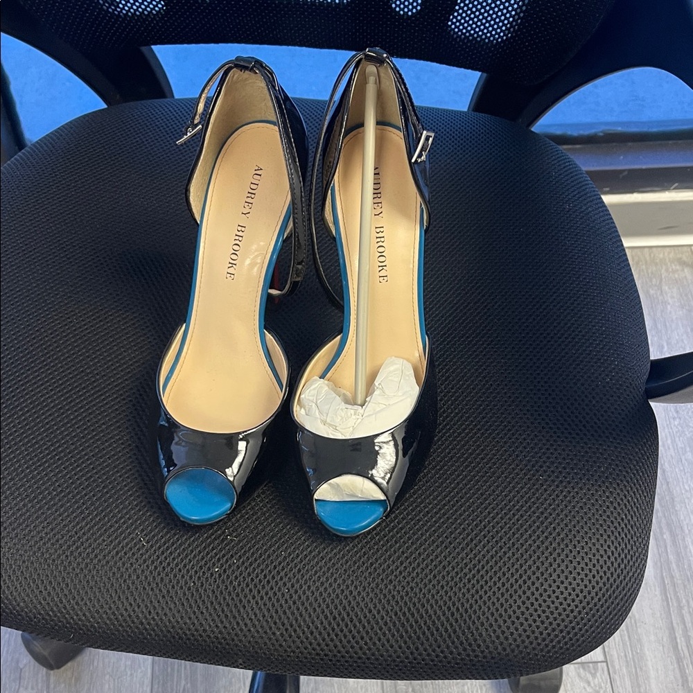 Audrey Brooke Black Patent Peep-Toe Heels with Blue Insole Accent